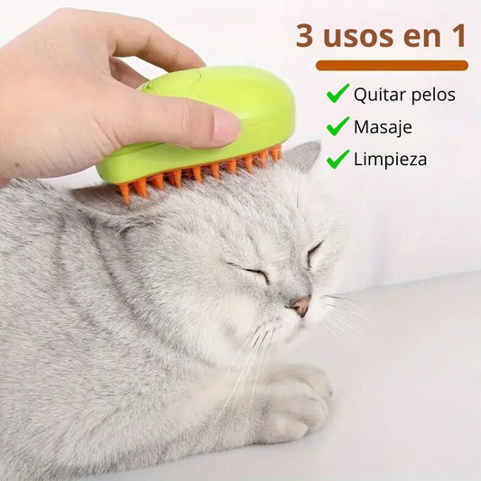 Cepillo de vapor para gatos eléctrico pulverizador Relax 3 usos en 1 peine con agua